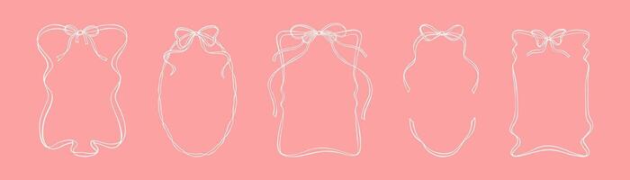 Set of coquettish whimsical wavy ribbon frames with cute bows. Hand drawn doodle rectangle and oval girly vertical vintage borders. Valentines day, Christmas, birthday aesthetic design elements vector
