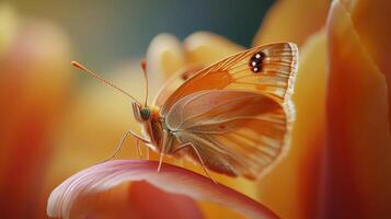 Colorful butterfly perched on tulip, wings wide and bright photo