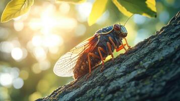 Cicada resting on tree bark with sunlight filtering through leaves photo