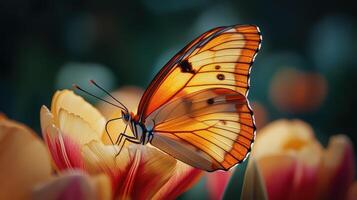 Butterfly with delicate veins spreading wings on vibrant tulip photo