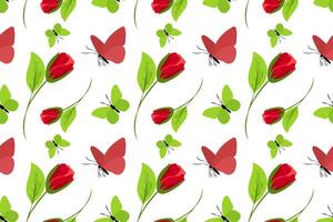Seamless floral pattern featuring red tulips, green leaves, and colorful butterflies on a light background vector