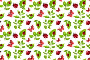 Colorful seamless pattern featuring ladybugs and butterflies among green leaves suitable for various creative projects vector