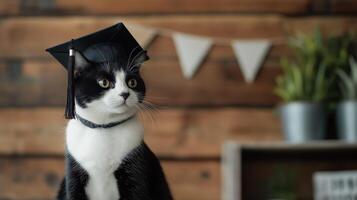 Black and white cat wearing a graduation cap photo