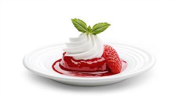 Delicious strawberry dessert with whipped cream, fresh berry, and glossy red sauce served on a white plate photo