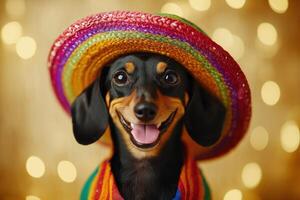 Smiling dachshund dog wearing a colorful sombrero and poncho against a festive golden bokeh background. Cinco de Mayo banner or greeting card photo