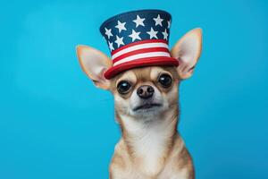 Adorable Chihuahua wearing patriotic Uncle Sam hat photo