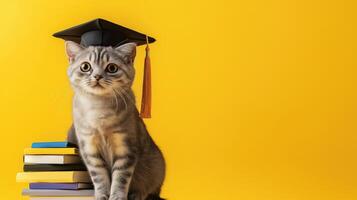 Adorable Scottish Fold cat wearing graduation cap photo