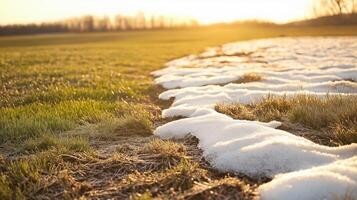 Golden sunset over a melting snow covered field photo