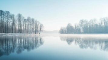Misty winter landscape with a calm lake photo