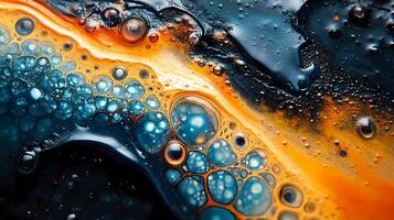 Abstract fluid art painting mixing orange, blue and black colors creating bubbles photo