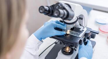 A person in a lab coat is looking at a microscope photo