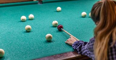 Billiards Pyramid. Billiard table with balls for Russian billiards. photo