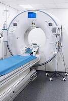 MRI machine in a hospital. Modern medical equipment for diagnostics and patient health. Concept of high-tech diagnostics for accurate and timely results. Vertical shot ads photo