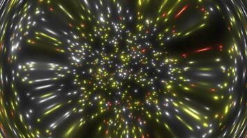 Chaotically swaying luminous colored particles on a dark background. Lens distortion. Abstract animation. video