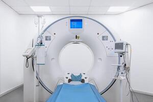 MRI machine in a hospital. Modern medical equipment for diagnostics and patient health. Concept of high-tech diagnostics for accurate and timely results. photo