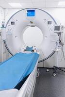 MRI magnetic resonance imaging device. Medical CT, MRI or PET Scan in the Modern Hospital Laboratory. Technologically Advanced and Functional Medical Equipment in a Clean White Room. Vertical shot photo
