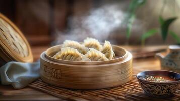 Steamed dumplings in a bamboo basket accompanied by dipping sauces, served in a warm and inviting setting. photo