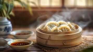 Dumplings in a bamboo steamer served with dipping sauces in a cozy setting photo