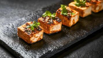 Grilled tofu cubes garnished with herbs and spices on a dark rectangular plate photo