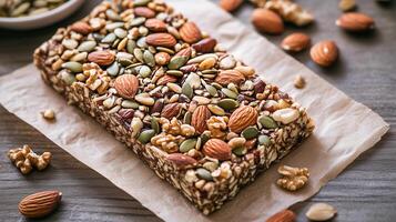 Healthy snack bars made with mixed nuts and seeds, displayed on a rustic wooden table, ideal for a wholesome treat anytime. photo