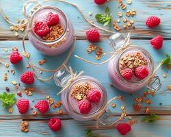 Breakfast in a jar with yogurt, chia seeds, and fresh fruit, topped with crunchy granola and honey, rustic style. photo