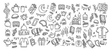 Set of doodle element related to Eid Mubarak and Ramadan. Set of hand drawn symbols and icons for holy Muslim festival Eid ul-Fitr vector