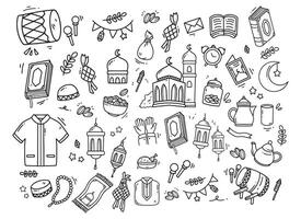 Doodle elements related to Eid Mubarak and Ramadan. Set of hand drawn symbols and icons for holy Muslim festival vector