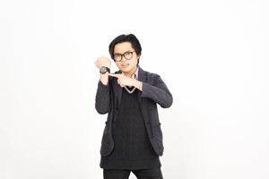 A man in glasses and a sweater is making a gesture photo