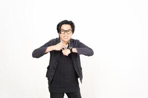 A man in glasses and a sweater is making a gesture photo