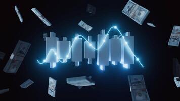 Candlestick chart with floating money bundles video