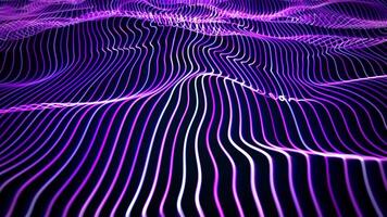 Smooth waves of neon light strings slowly floating on a dark background with futuristic glow effect. Elegant purple blue animation for digital technology, abstract art and music performance. 4K 30fps video