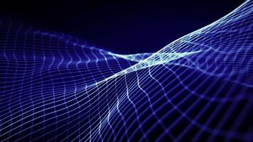 Looped screensaver with abstract blue grid slowly waving on a dark background with soft glow effect. Elegant digital animation of smooth waves for science fiction and cyber technology. Loop 4K 60 fps video