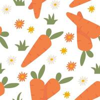 A seamless pattern featuring bright orange carrots and delicate flowers on a soft background. Perfect for Easter, kids' prints, textiles, and farm-themed designs. vector
