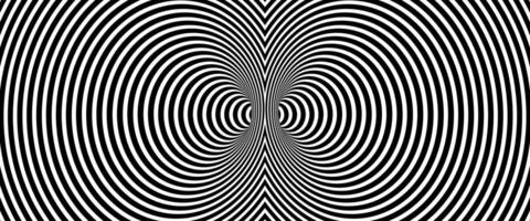 Op Art Abstract hypnotic distorted lines background. Black and white tunnel wallpaper. Psychedelic twisted stripes pattern. Horizontal template for posters, banners, cover. optical illusion vector