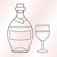 Ink outline illustration of a bottle and wine glass. A corcked bottle of liqoure and half full glass on a delicate stem. Simple minimalistic clipart of drinking glass. vector