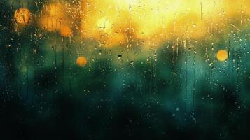 Rainy window with yellow sun and green trees photo