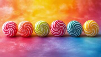 Colorful lollipops on a rainbow background photo