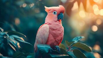 A pink parrot is sitting on a tree branch photo
