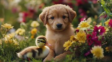 A puppy and duckling sitting in the grass with flowers photo