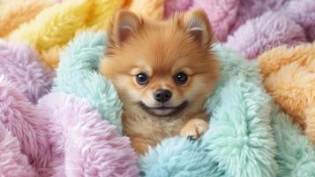 A small dog is wrapped in colorful blankets photo