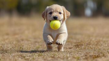 A puppy is running with a tennis ball in its mouth photo