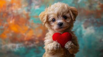 A puppy holding a red heart in its paws photo