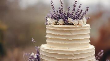 A wedding cake with lavender flowers on top photo