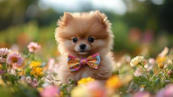 Pomeranian puppy in a field of flowers photo