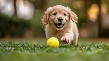 A puppy running with a tennis ball photo
