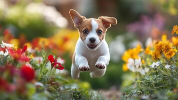 A small brown and white dog running through a field of flowers photo