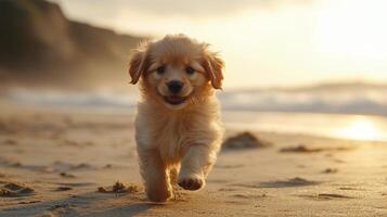 A golden retriever puppy running on the beach photo