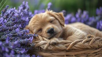 A puppy sleeping in a basket of lavender flowers photo