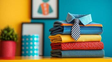 A stack of colorful shirts and ties on a table photo