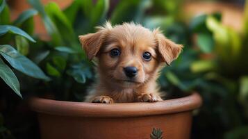 A small brown dog sitting in a flower pot photo